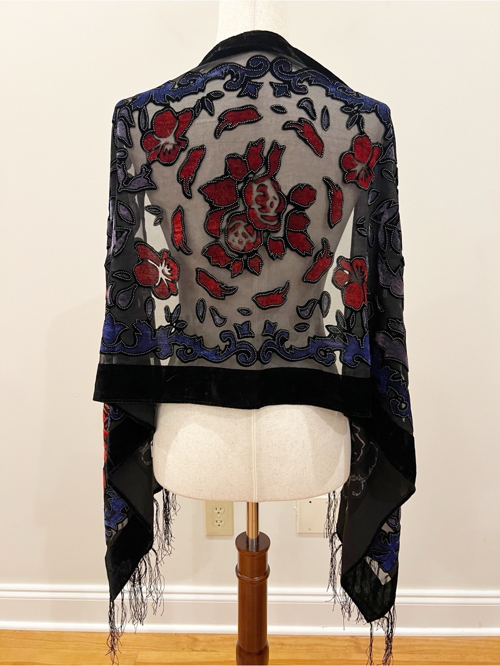 Vintage Scarf Velvet Burnout Dark Floral Fringe Wrap Devore Sheer Romantic Artsy